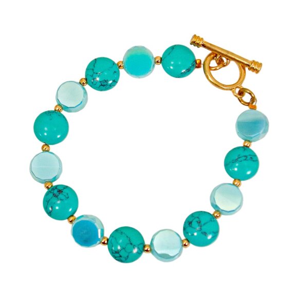 Turquoise color bracelet with turquoise stones, glass beads and small gold beads - Picture 3 of 12